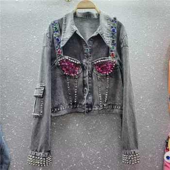 Тяжелая рабочая разноцветная джинсовая куртка с блестками и заклепками, женская свободная короткая ковбойская верхняя одежда, винтажная серо-синяя джинсовая куртка, пальто, женское