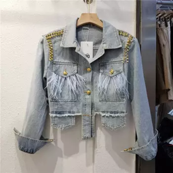 Тяжелая работа, украшенная бисером и заклепками, перьями, потертый подол, потертый синий тонкий короткий джинсовый пиджак, весенне-осенняя женская джинсовая куртка, пальто