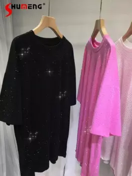 Тяжелая Вышивка Горячая футболка женский Круглый Вырез Свободный средней длины простой тонкий летний хлопковый топ Приталенная футболка