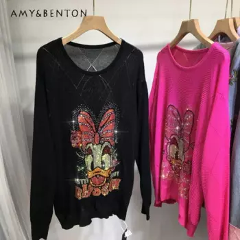 Тяжелая вышивка, футболки с алмазами, Женский Осенний милый мультяшный легкий дышащий свитер с длинным рукавом и круглым вырезом, топы, футболки