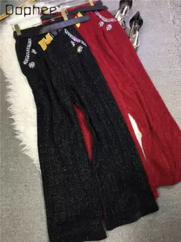 Тяжелые Промышленные повседневные брюки с бусинами, женские осенне-зимние длинные брюки с высокой талией для похудения из яркого шелка, прямые длинные брюки с высокой талией и широкими штанинами