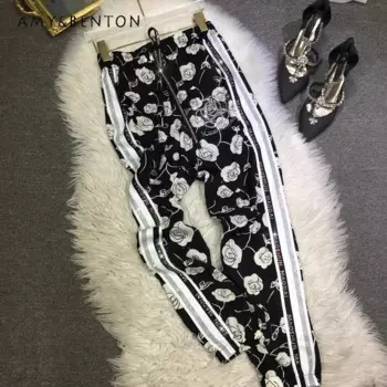 Тяжелые Вышитые бриллиантами штаны Свободные черные женские цветочные шелковистые атласные крутые спортивные брюки с завязкой на лодыжке женские летние брюки