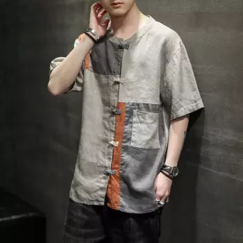 Традиционная китайская одежда для мужчин, Лоскутная рубашка в китайском стиле с коротким рукавом, костюм кунг-фу, Тай-Чи, Тан, топы, CN-187