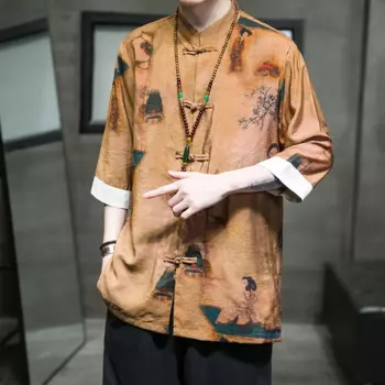 Традиционное китайское платье, тонкий костюм Тан из ледяного шелка, рубашка с коротким рукавом в стиле ретро, летний костюм кунг-фу тайчи, мужская одежда