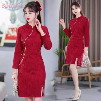 Традиционное платье в китайском ретро-стиле, новое модифицированное Кружевное платье-Ципао с длинным рукавом, женская одежда