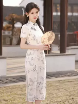 Традиционное платье в китайском стиле, пикантное женское атласное Повседневное платье-Ципао с цветочным принтом