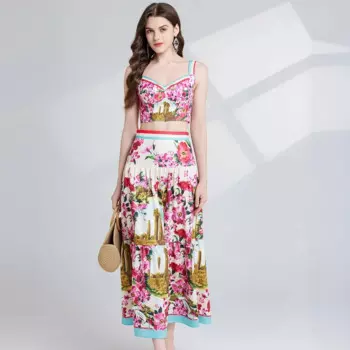 TRAF Летние каникулы Комплекты из двух предметов с цветочным принтом Сексуальный укороченный топ с подкладкой на бретельках и длинные макси-юбки Костюмы Женские пляжные наряды