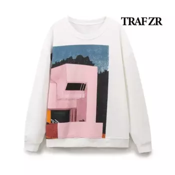 TRAF ZR Белые толстовки Свободный крой Пуловеры Топы Y2k Осенняя футболка с длинными рукавами Женская толстовка с круглым вырезом и принтом