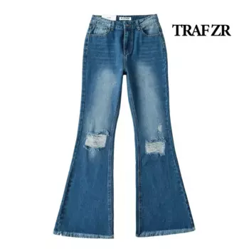 TRAF ZR Джинсы с низкой талией Узкие брюки Базовые винтажные джинсовые женские брюки Минималистичные рваные новые джинсы Женские расклешенные брюки