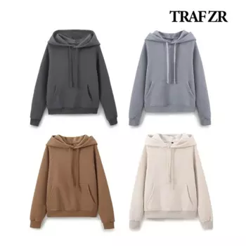 TRAF ZR Промытая толстовка с капюшоном Базовый регулируемый капюшон на шнурке Верхняя одежда Классические пуловеры с отделкой в рубчик Передние карманы-кенгуру