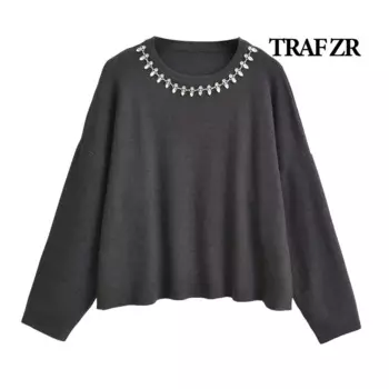 TRAF ZR Уютные свитера Ювелирные изделия с бриллиантами Серые пуловеры с круглым вырезом Свободный крой Трикотажные пуловеры с длинными рукавами Женский осенний свитер
