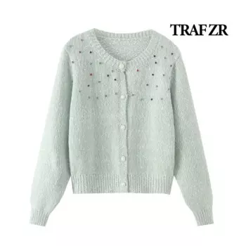 TRAF ZR вязаный кардиган женский трикотаж с длинными рукавами однотонный кардиган с круглым вырезом Prairie Chic уютные свитера женский осенний свитер