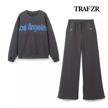 TRAF ZR Женский спортивный костюм Комплекты брюк для бега Элегантные комплекты из 2 предметов для женщин Толстовка с контрастным текстом и отделкой в рубчик