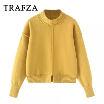 TRAFZA 2024 Chic 2024, однотонный желтый женский свитер с круглым вырезом и разрезом, повседневный свободный модный зимний трикотаж, теплая уличная одежда