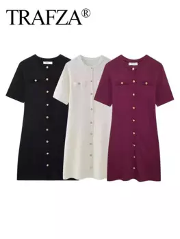 TRAFZA 2024, женские шикарные пуговицы, карманы, украшенные винтажные однотонные тонкие мини-платья, летнее женское трикотажное платье с круглым вырезом и короткими рукавами