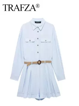 TRAFZA комбинезон для женщин, летний элегантный однотонный комбинезон с отложным воротником и карманом на поясе, женское однобортное боди с длинными рукавами Mujer