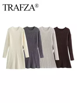 TRAFZA Осеннее женское элегантное 5-цветное вязаное мини-платье трапециевидной формы с круглым вырезом, женское устойчивое платье-пуловер с длинными рукавами Mujer