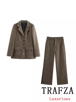 TRAFZA винтажный шикарный офисный женский однотонный костюм, однобортный пиджак с карманами, прямые брюки на молнии, модные комплекты 2024, осенне-зимние комплекты