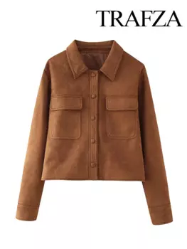 TRAFZA женская осенне-зимняя новая модная замшевая короткая куртка женская простая универсальная однобортная повседневная куртка с карманами и лацканами