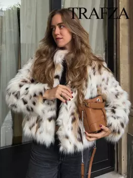 TRAFZA женская зимняя модная куртка из искусственного меха, пальто в стиле ретро с длинным рукавом и точечным принтом, женское свободное теплое пальто с карманами