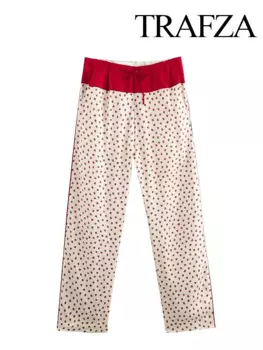 TRAFZA женские элегантные брюки с клубничным принтом, пижамный стиль с эластичной резинкой на талии, длинные брюки, женские осенние брюки с украшением на шнуровке