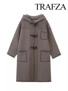 TRAFZA женские новые модные пальто однотонные с отложным воротником с длинными рукавами и карманами однобортное зимнее женское элегантное пальто с капюшоном