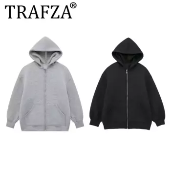 TRAFZA женский осенний новый универсальный кардиган на молнии с капюшоном, женская длинная хлопковая свободная повседневная толстовка, куртка Mujer