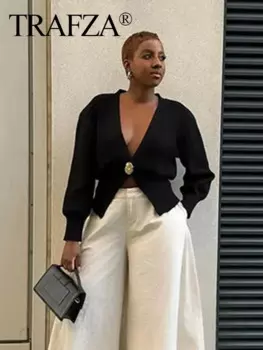 TRAFZA женский осенний тонкий повседневный свитер с длинными рукавами, уличное пальто, модный женский вязаный кардиган с глубоким v-образным вырезом и одной пуговицей