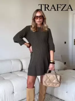 TRAFZA женское элегантное 5-цветное трикотажное мини-платье трапециевидной формы с круглым вырезом женское осеннее устойчивое платье-пуловер с длинными рукавами Mujer