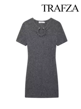 TRAFZA женское модное сексуальное трикотажное платье с металлической аппликацией женский элегантный пуловер свитер тонкое повседневное платье с короткими рукавами Mujer