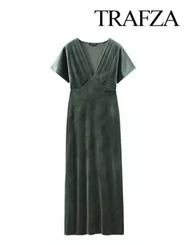 TRAFZA женское модное тонкое плиссированное однотонное бархатное платье с v-образным вырезом и короткими рукавами, летнее женское уличное повседневное платье миди