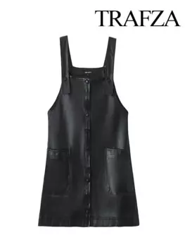 TRAFZA женское модное универсальное платье из искусственной кожи женское сексуальное элегантное однобортное платье без рукавов с карманами Mujer