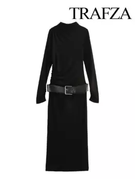 TRAFZA женское модное универсальное плиссированное тонкое платье с поясом женское темпераментное элегантное повседневное платье с длинными рукавами Mujer