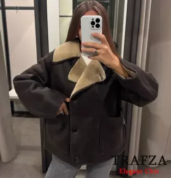 TRAFZA женское осенне-зимнее флисовое пальто, винтажное пальто с лацканами, новинка 2024, модное свободное флисовое пальто в стиле ретро, однобортная кожаная куртка