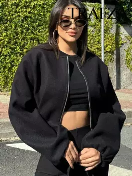 TRAFZA женское осеннее модное однотонное карманное переднее молнии с круглым вырезом, мягкое короткое пальто, женская шикарная куртка-бомбер с длинными рукавами Mujer