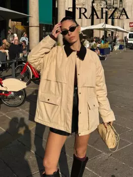 TRAFZA женское зимнее модное винтажное стеганое пальто с вельветовым воротником женское пальто с длинными рукавами и свободными карманами теплая ветрозащитная куртка Mujer