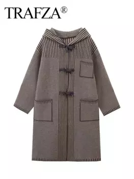 TRAFZA зимние женские модные пальто с отложным воротником и длинными рукавами, карманами, дизайн, однобортное женское повседневное пальто с капюшоном Mujer