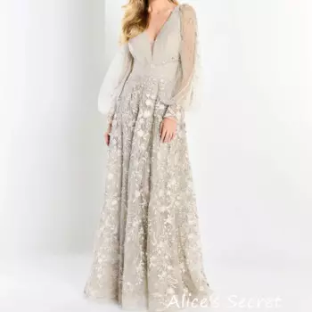 ТРАПЕЦИЕВИДНОЕ фатиновое платье для матери невесты с длинными рукавами и V-образным вырезом, кружевное плиссированное платье с аппликацией и V-образным вырезом, длинное платье с открытой спиной и шлейфом