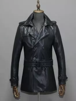 Тренчкот мужской из натуральной воловьей кожи, двубортный пиджак средней длины, черная куртка оверсайз размера XXXL, весна-осень