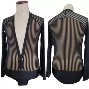 Трико мужское для латиноамериканских танцев, рубашка в черную полоску, приталенный силуэт, профессиональный костюм для соревнований, сценический костюм, танцевальные рубашки, VDB844