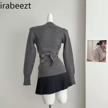 Трикотаж с v-образным вырезом, женская плиссированная юбка, корейская ранняя осень, коллекция с талией, сексуальный костюм Conjunto Twede Feminino