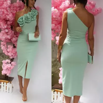 Трикотажное платье с цветочными рюшами для помолвки, трапециевидное платье на одно плечо, платье миди на заказ