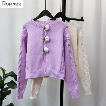 Трикотажный кардиган Dophee с объемными цветами, короткие свитера, новинка сезона осень-зима 2023, однобортный Свободный кардиган с длинным рукавом, Топ