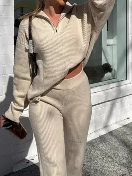 Трикотажный пуловер с длинным рукавом, женский осенне-зимний комплект с отложным воротником, женские костюмы свободного кроя с прямыми брюками, 2024