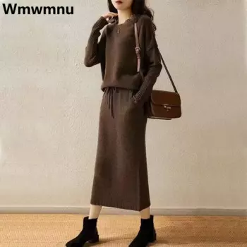 Трикотажный свитер и юбка, комплект из 2 предметов, свободные трикотажные топы, корейские элегантные юбки миди, костюм, Осень-зима, женские юбки, наряды