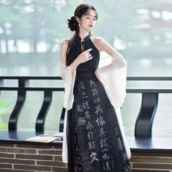 Трикотажный топ с открытыми плечами, черная юбка с воротником лошади из тысяч символов вэньгуо Чао, новый пригородный костюм в китайском стиле