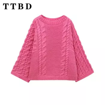 TTBD 2024, новый осенний женский повседневный вязаный однотонный свитер с длинными рукавами, верхняя женская одежда, модный джемпер с завинчивающейся резьбой и круглым воротником