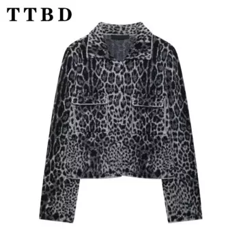 TTBD 2024, новый осенний женский повседневный вязаный кардиган с леопардовым принтом, пальто, женская мода, однобортный отложной воротник, футболка с длинным рукавом