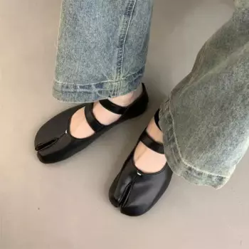 Туфли IPPEUM женские с разрезом, балетки, плоская подошва, ПУ кожа, Мэри Джейн, черные, 2024