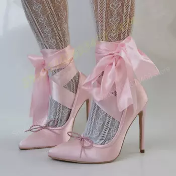 Туфли-лодочки женские атласные, заостренный носок, высокий каблук-шпилька, украшение с бантом, розовые, на весну 2024